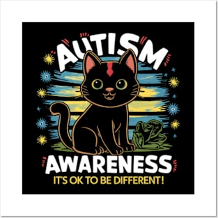 Autism Awareness Cute Cat Animal Its Ok To Be Different Posters and Art